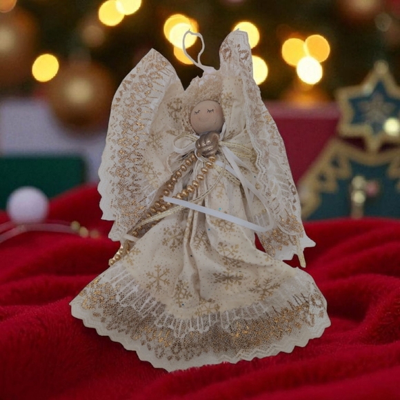 Vintage Elegant Clothespin Gold and Cream Holiday Angel Ornament Metal Clasp - Picture 1 of 5